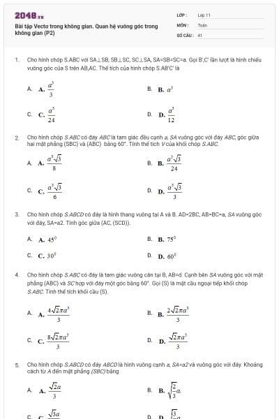 Bài tập Vectơ trong không gian. Quan hệ vuông góc trong không gian (P2)