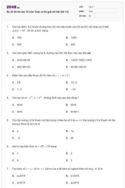 Bộ 30 đề thi vào 10 môn Toán có lời giải chi tiết (Đề 12)