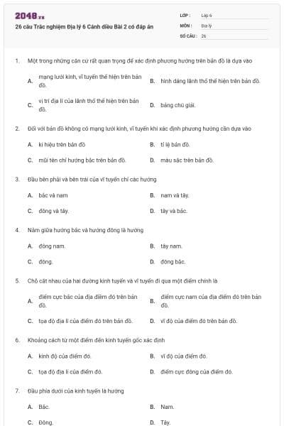 26 câu Trắc nghiệm Địa lý 6 Cánh diều Bài 2 có đáp án