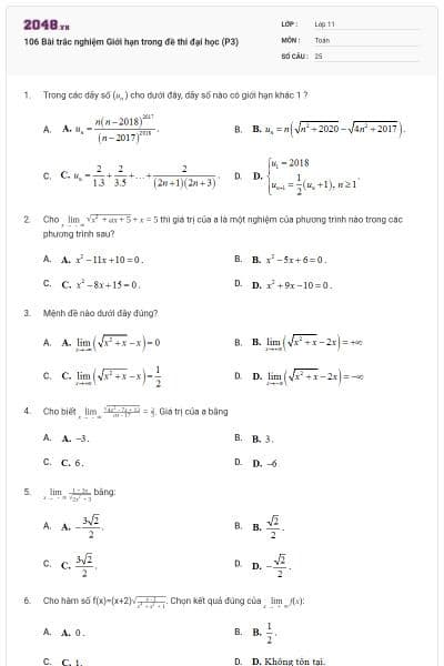 106 Bài trắc nghiệm Giới hạn trong đề thi đại học (P3)