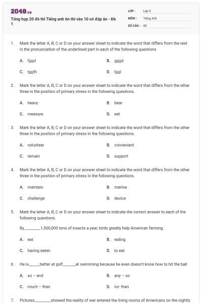 Tổng hợp 20 đề thi Tiếng anh ôn thi vào 10 có đáp án - Đề 1