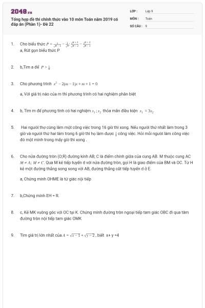 Tổng hợp đề thi chính thức vào 10 môn Toán năm 2019 có đáp án (Phần 1)- Đề 22