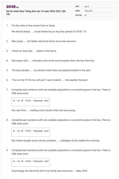 Đề thi chính thức Tiếng Anh vào 10 năm 2020-2021 (Đề 26)