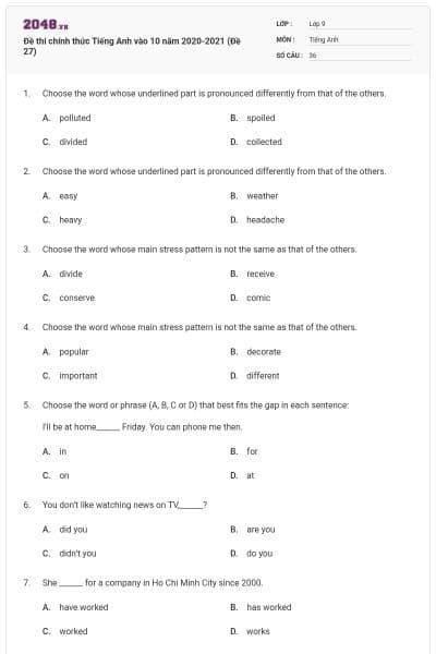 Đề thi chính thức Tiếng Anh vào 10 năm 2020-2021 (Đề 27)
