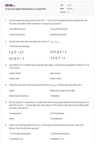 75 câu trắc nghiệm Hidrocacbon no cơ bản (P3)