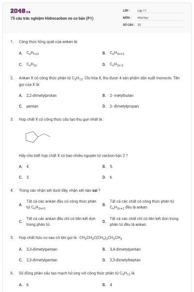 75 câu trắc nghiệm Hidrocacbon no cơ bản (P1)