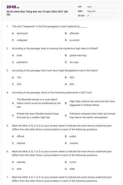 Đề thi chính thức Tiếng Anh vào 10 năm 2020-2021 (Đề 28)