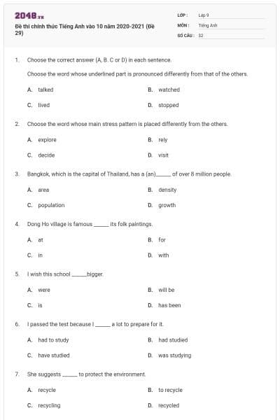 Đề thi chính thức Tiếng Anh vào 10 năm 2020-2021 (Đề 29)