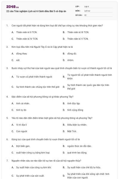 22 câu Trắc nghiệm Lịch sử 6 Cánh diều Bài 5 có đáp án