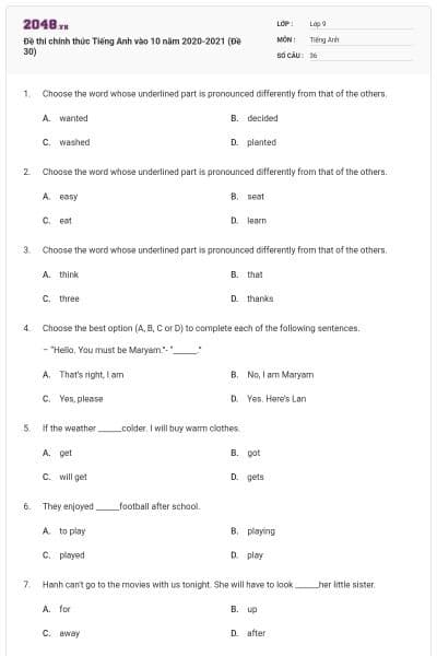 Đề thi chính thức Tiếng Anh vào 10 năm 2020-2021 (Đề 30)