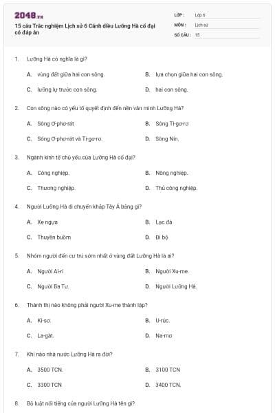 15 câu Trắc nghiệm Lịch sử 6 Cánh diều Lưỡng Hà cổ đại có đáp án