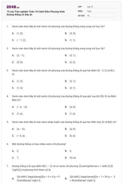 15 câu Trắc nghiệm Toán 10 Cánh Diều Phương trình đường thẳng có đáp án