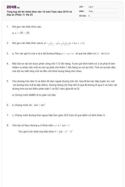 Tổng hợp đề thi chính thức vào 10 môn Toán năm 2019 có đáp án (Phần 1)- Đề 25