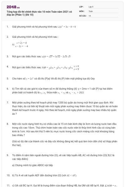 Tổng hợp đề thi chính thức vào 10 môn Toán năm 2021 có đáp án (Phần 1) (Đề 10)