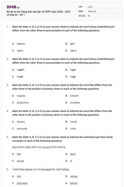Bộ đề ôn thi Tiếng Anh vào lớp 10 THPT năm 2020 - 2021 có đáp án - Đề 1