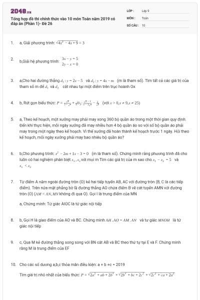 Tổng hợp đề thi chính thức vào 10 môn Toán năm 2019 có đáp án (Phần 1)- Đề 26