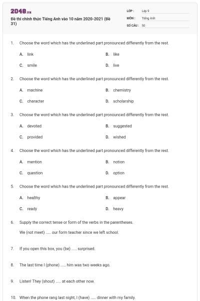 Đề thi chính thức Tiếng Anh vào 10 năm 2020-2021 (Đề 31)