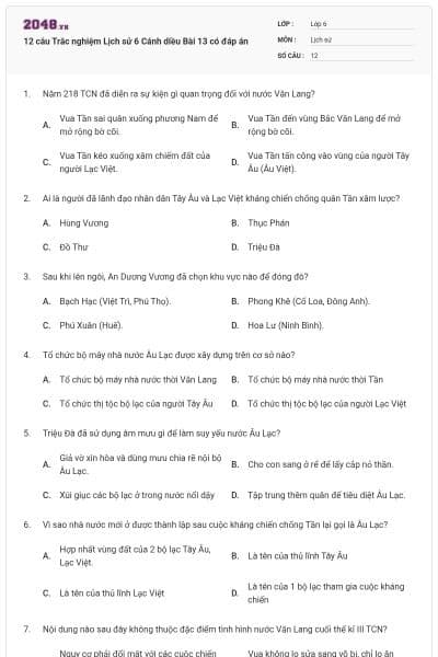 12 câu Trắc nghiệm Lịch sử 6 Cánh diều Bài 13 có đáp án