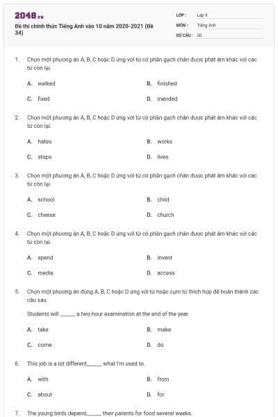 Đề thi chính thức Tiếng Anh vào 10 năm 2020-2021 (Đề 34)
