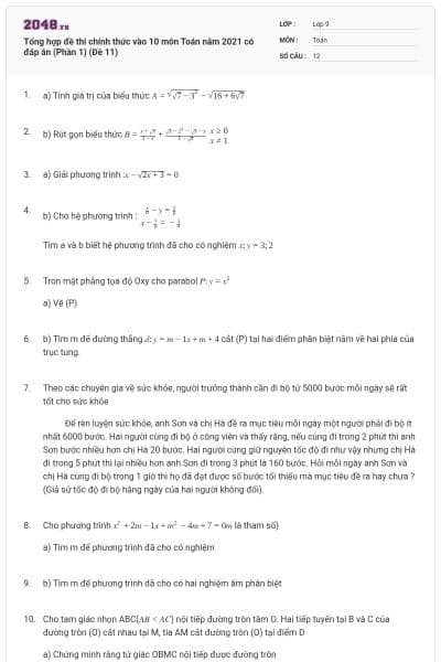 Tổng hợp đề thi chính thức vào 10 môn Toán năm 2021 có đáp án (Phần 1) (Đề 11)