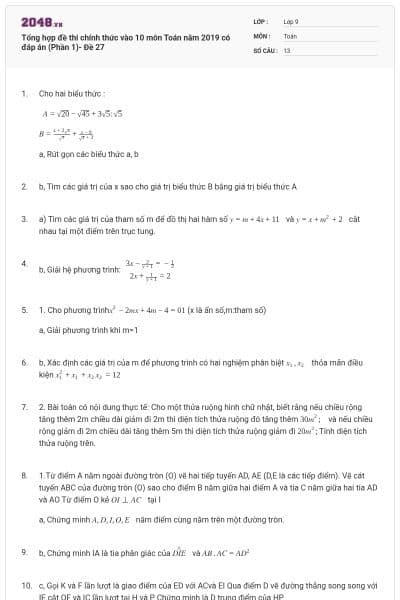 Tổng hợp đề thi chính thức vào 10 môn Toán năm 2019 có đáp án (Phần 1)- Đề 27