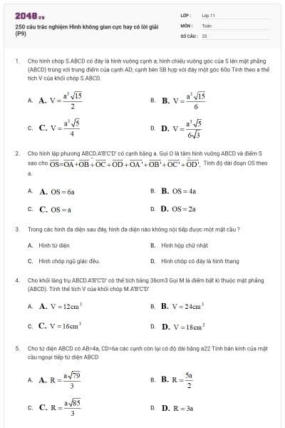 250 câu trắc nghiệm Hình không gian cực hay có lời giải (P9)