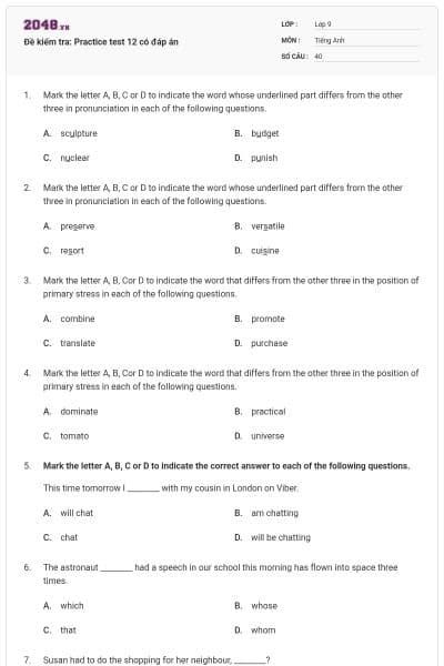 Đề kiểm tra: Practice test 12 có đáp án