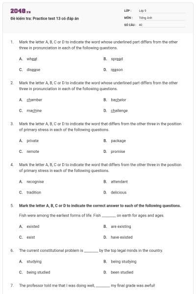 Đề kiểm tra: Practice test 13 có đáp án
