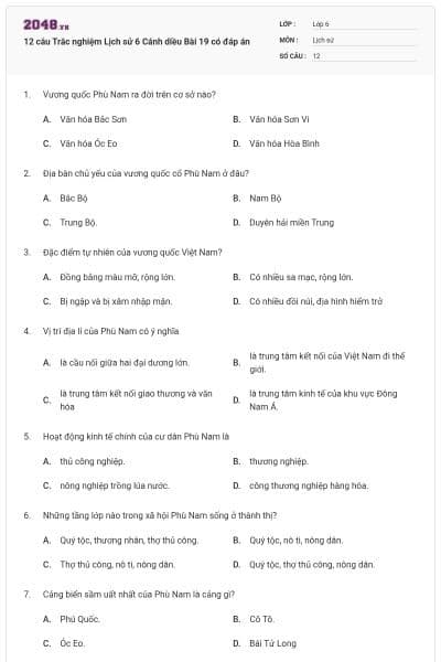12 câu Trắc nghiệm Lịch sử 6 Cánh diều Bài 19 có đáp án