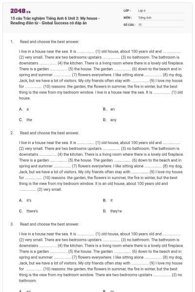15 câu Trắc nghiệm Tiếng Anh 6 Unit 2: My house - Reading điền từ - Global Success có đáp án