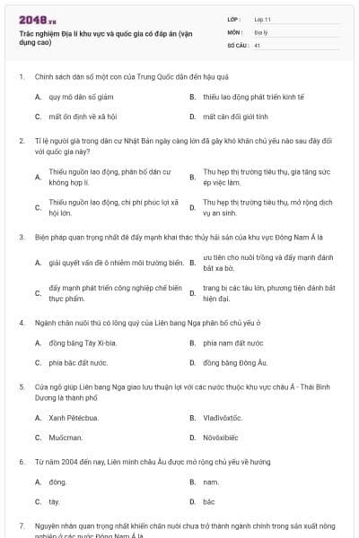 Trắc nghiệm Địa lí khu vực và quốc gia có đáp án (vận dụng cao)