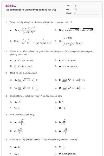 106 Bài trắc nghiệm Giới hạn trong đề thi đại học (P3)