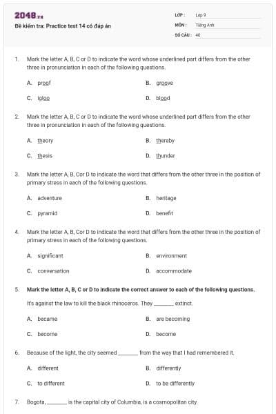 Đề kiểm tra: Practice test 14 có đáp án