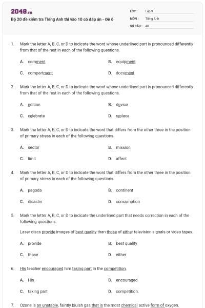 Bộ 20 đề kiểm tra Tiếng Anh thi vào 10 có đáp án - Đề 6