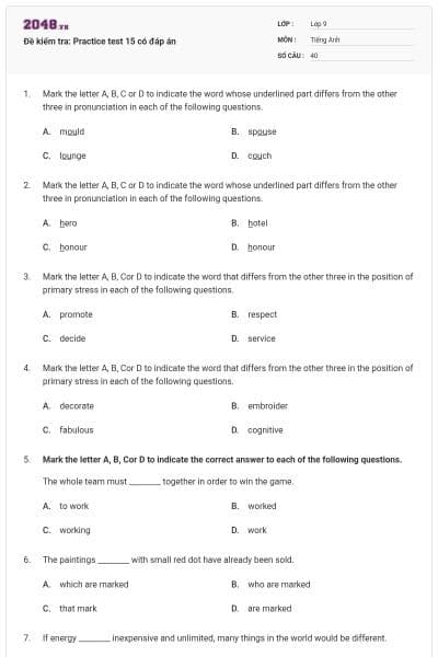 Đề kiểm tra: Practice test 15 có đáp án