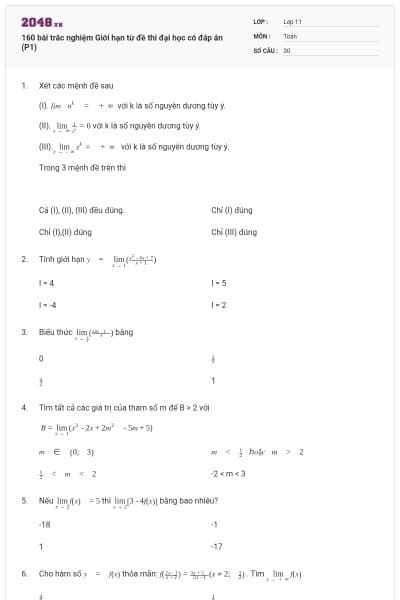 160 bài trắc nghiệm Giới hạn từ đề thi đại học có đáp án (P1)