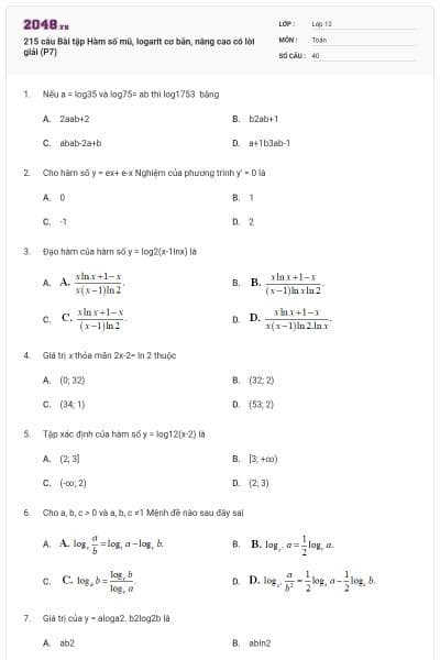 215 câu Bài tập Hàm số mũ, logarit cơ bản, nâng cao có lời giải (P7)