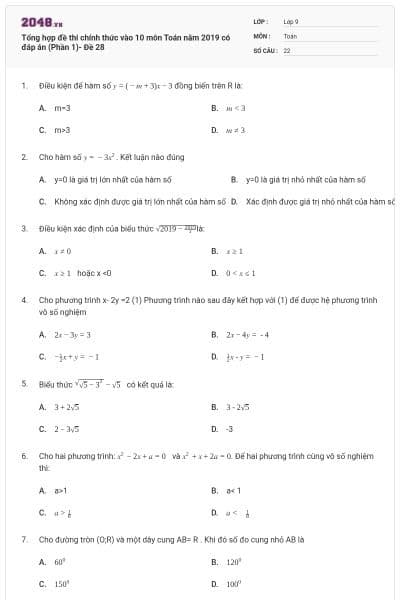 Tổng hợp đề thi chính thức vào 10 môn Toán năm 2019 có đáp án (Phần 1)- Đề 28
