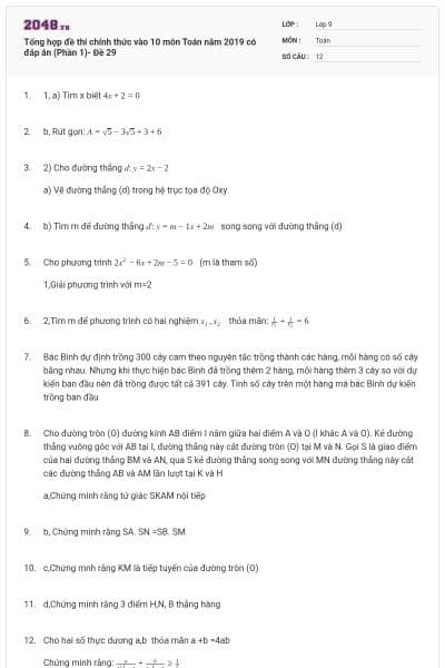 Tổng hợp đề thi chính thức vào 10 môn Toán năm 2019 có đáp án (Phần 1)- Đề 29