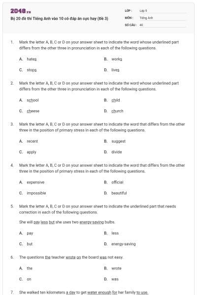 Bộ 20 đề thi Tiếng Anh vào 10 có đáp án cực hay (Đề 3)