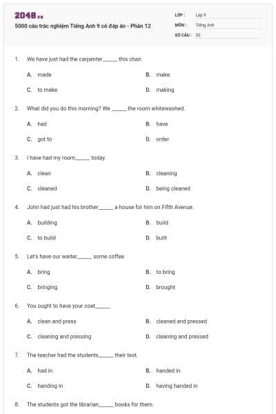 5000 câu trắc nghiệm Tiếng Anh 9 có đáp án - Phần 12