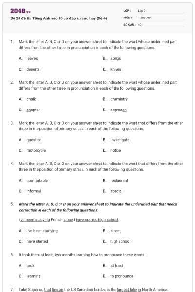 Bộ 20 đề thi Tiếng Anh vào 10 có đáp án cực hay (Đề 4)