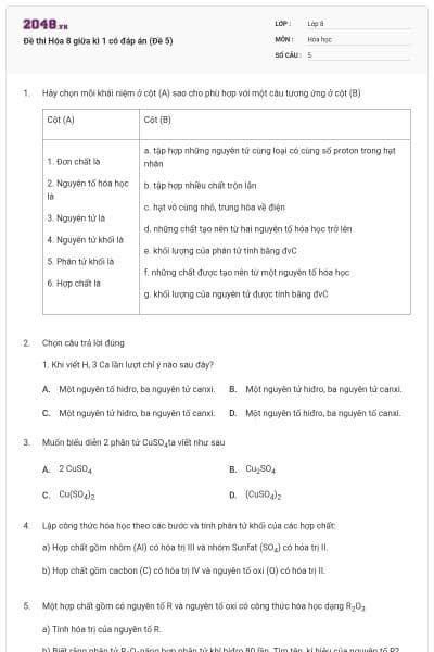 Đề thi Hóa 8 giữa kì 1 có đáp án (Đề 5)