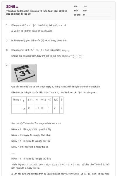Tổng hợp đề thi chính thức vào 10 môn Toán năm 2019 có đáp án (Phần 1)- Đề 30
