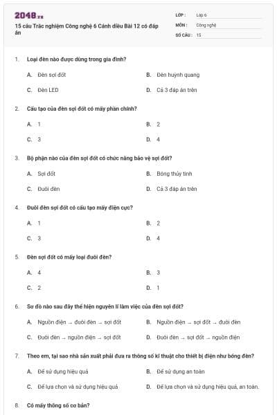 15 câu Trắc nghiệm Công nghệ 6 Cánh diều Bài 12 có đáp án