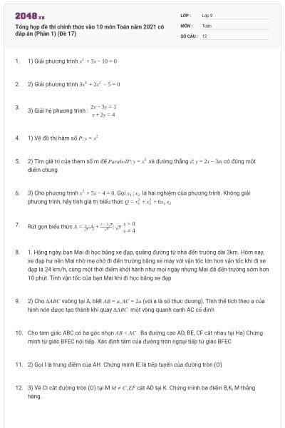 Tổng hợp đề thi chính thức vào 10 môn Toán năm 2021 có đáp án (Phần 1) (Đề 17)