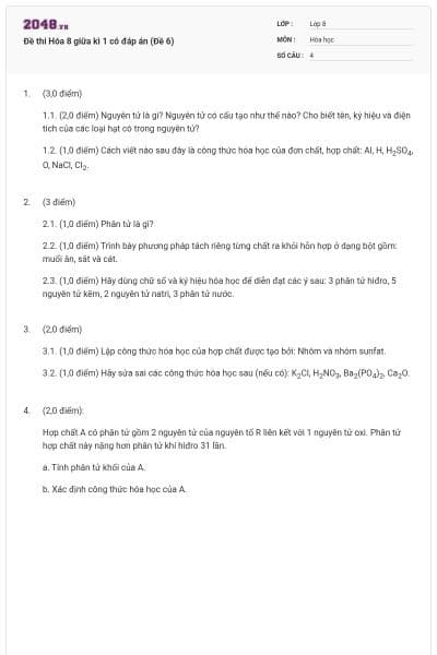 Đề thi Hóa 8 giữa kì 1 có đáp án (Đề 6)