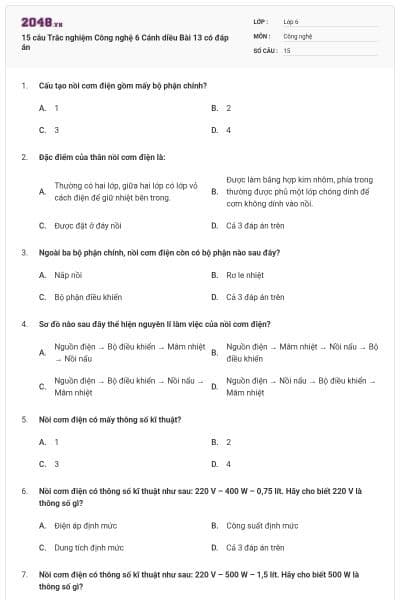 15 câu Trắc nghiệm Công nghệ 6 Cánh diều Bài 13 có đáp án