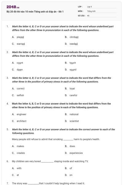 Bộ 20 đề thi vào 10 môn Tiếng anh có đáp án - Đề 1