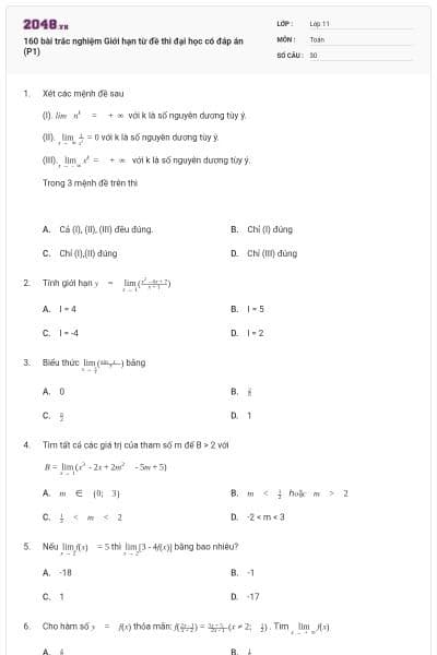 160 bài trắc nghiệm Giới hạn từ đề thi đại học có đáp án (P1)
